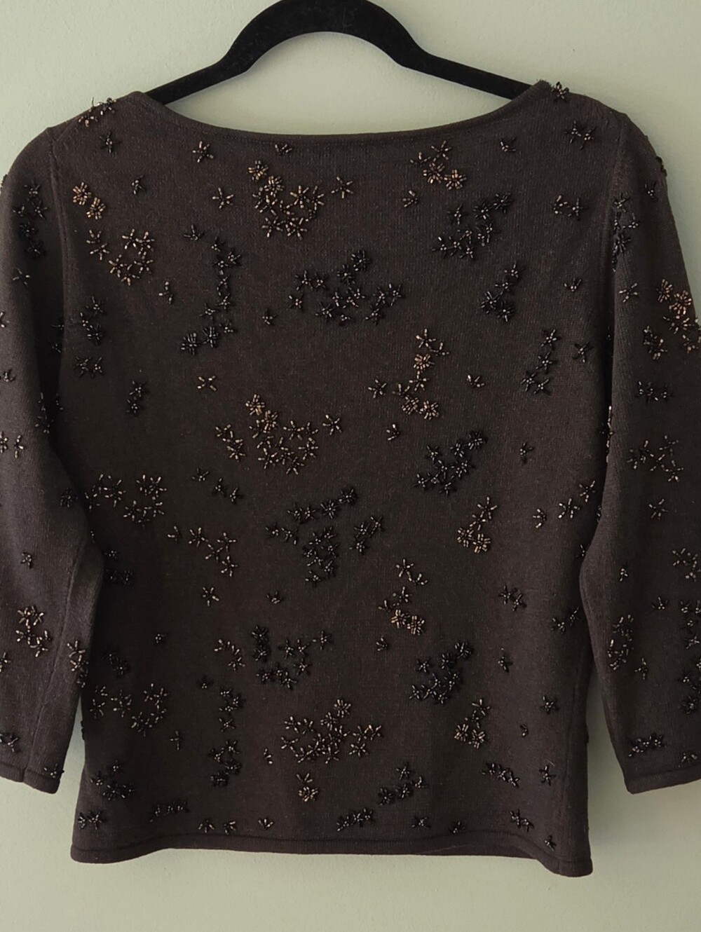 Carmen Marc Valvo Beaded Knit Sweater Top Espresso Brown Shimmer Size M Medium - Picture 3 of 5